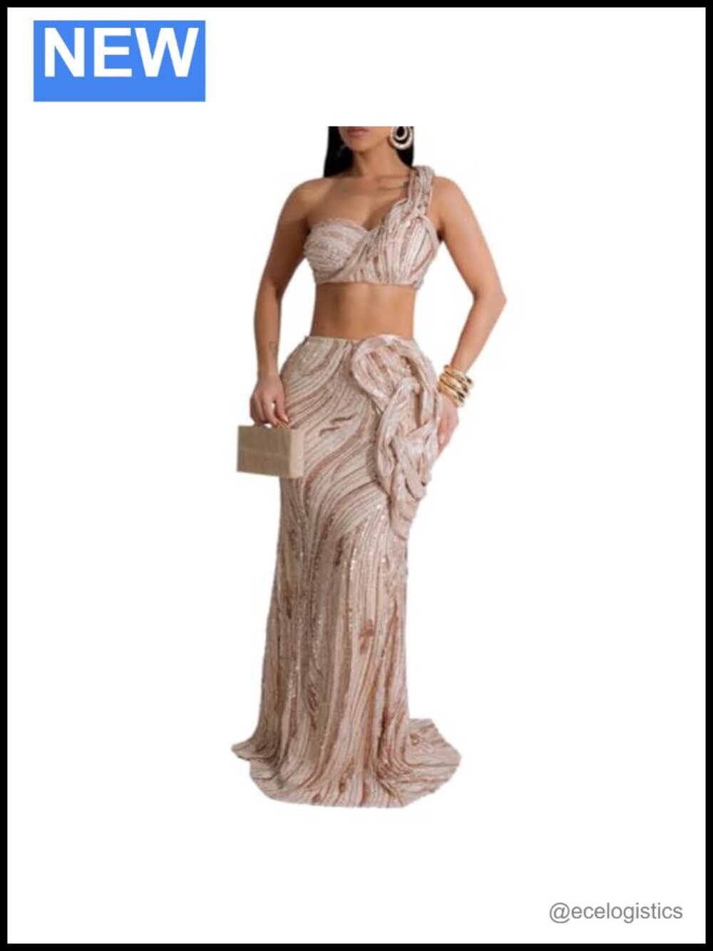 Sequin 2 Piece Outfit One Shoulder Crop Top Bodycon Maxi Skirt Set Party Dress